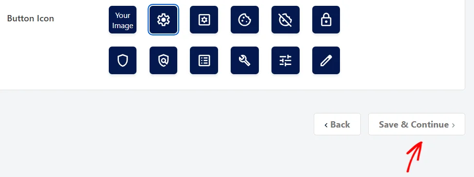 The Save and Continue button at the bottom of the Style panel, beside the Back link, with the floating settings button icon choices above it