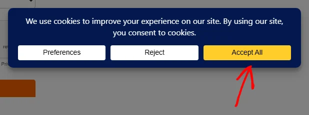El banner de consentimiento de WPConsent en el front-end de un sitio, con una flecha apuntando al botón Aceptar todo