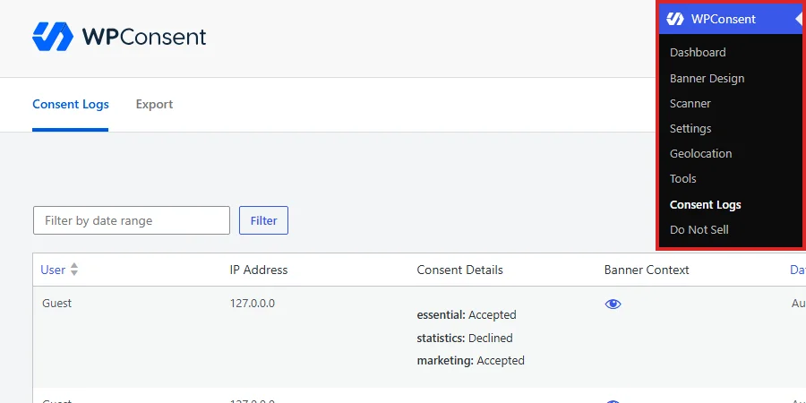 Die Admin-Seitenleiste von WordPress mit ausgewählten Einwilligungsprotokollen unter dem Menü WPConsent