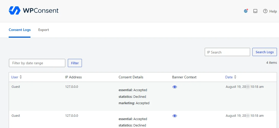 Die Tabelle der Einwilligungsprotokolle zeigt mehrere Gast-Einträge mit anonymisierten IP-Adressen, Einwilligungsdetails und Daten an