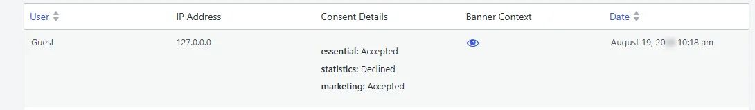 Ein einzelner Einwilligungsprotokoll-Eintrag unter den Spaltenüberschriften, der einen Gast mit akzeptierten wesentlichen, abgelehnten statistischen und akzeptierten Marketing-Daten zeigt