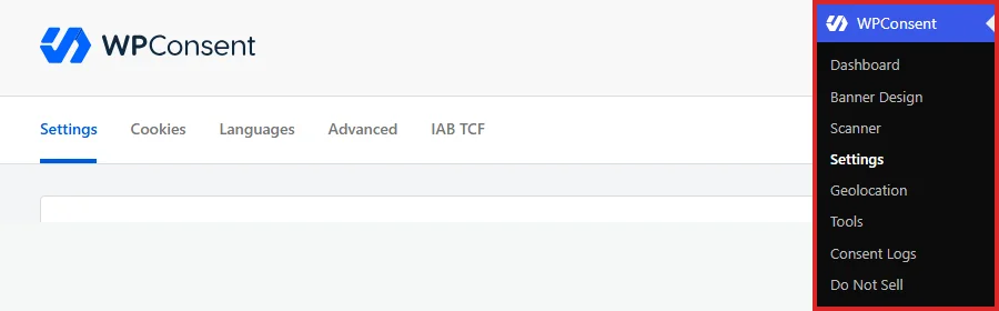 Die Admin-Seitenleiste von WordPress mit ausgewählten Einstellungen unter dem Menü WPConsent
