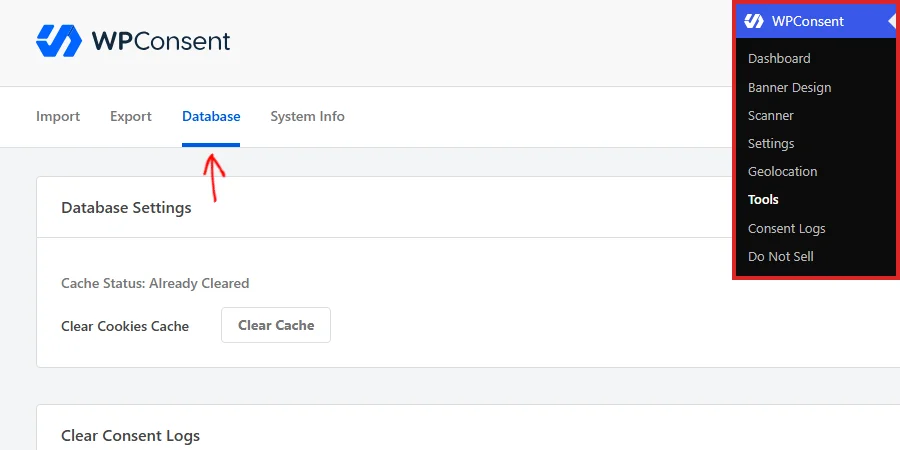 Die Admin-Seitenleiste von WordPress mit ausgewählten Tools unter dem Menü WPConsent und einem Pfeil, der auf den Tab „Datenbank“ zeigt