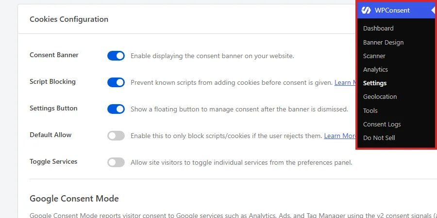 Opening Settings from the WPConsent menu in the WordPress admin sidebar