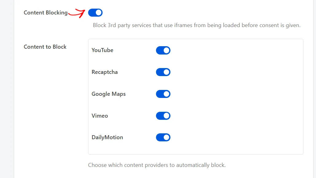 The Content Blocking toggle turned on, with the Content to Block provider list revealed underneath it
