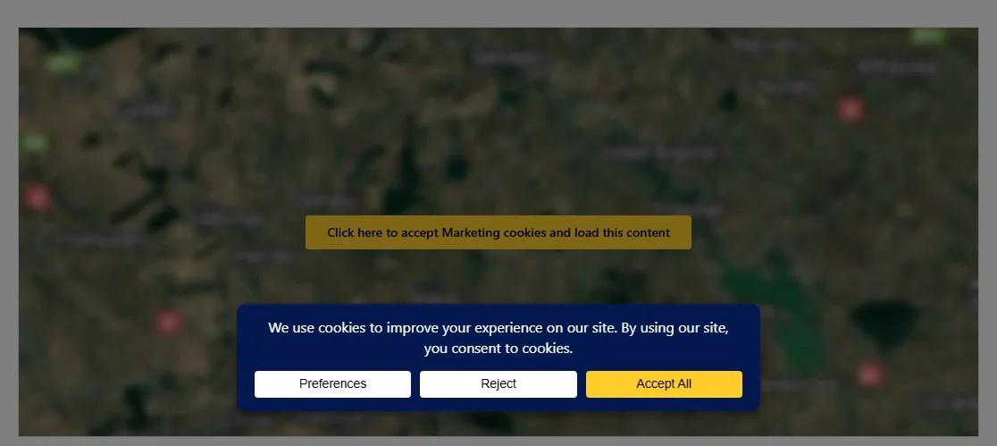 A front-end page with the consent banner over it, and a blocked Google Maps embed showing its placeholder behind the banner