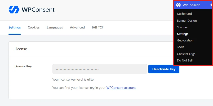 The WordPress admin sidebar with Settings selected under the WPConsent menu