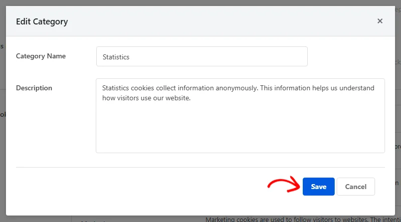 The Edit Category overlay showing the Category Name and Description fields for Statistics, with an arrow pointing at the Save button