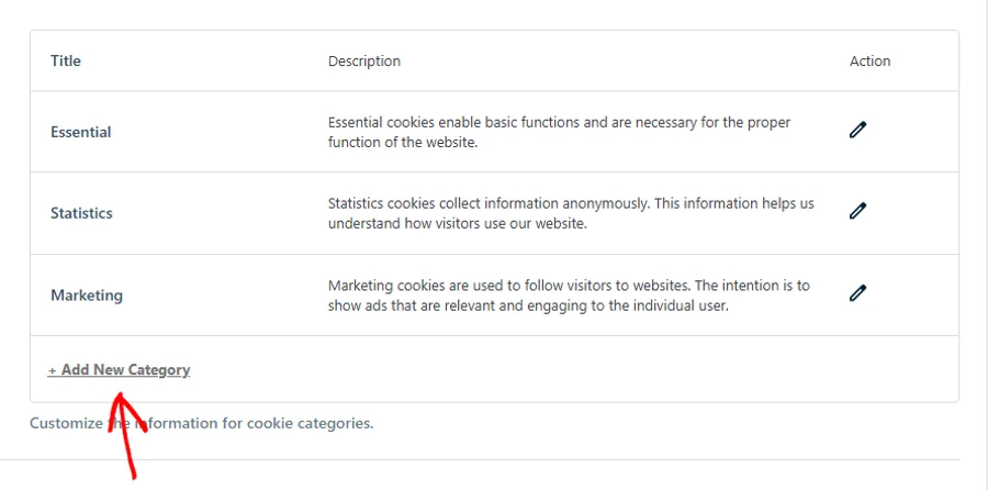 An arrow pointing at the Add New Category button below the Cookie Categories list
