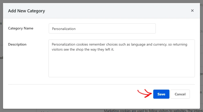 The Add New Category overlay with Personalization typed into Category Name and a description filled in, with an arrow pointing at the Save button