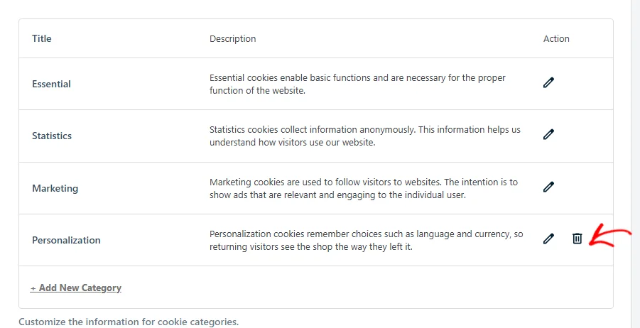 An arrow pointing at the trash icon on the Personalization row of the Cookie Categories list