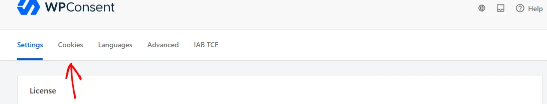 An arrow pointing at the Cookies tab in the WPConsent settings tab row