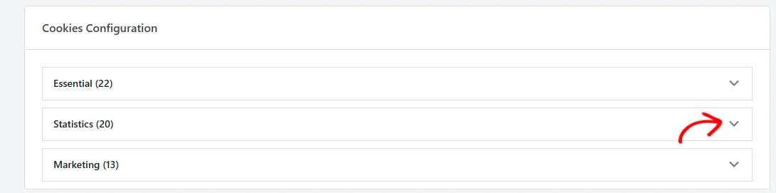 The Cookies Configuration panel with Essential, Statistics, and Marketing collapsed, and an arrow pointing at the expand arrow on the Statistics row