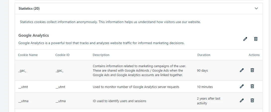 The Statistics category expanded to show its description, the Google Analytics service filed under it as an example, and that service's cookie list with names, IDs, descriptions, and durations