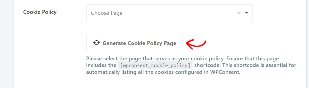 The Cookie Policy row with no page chosen, showing the Generate Cookie Policy Page button