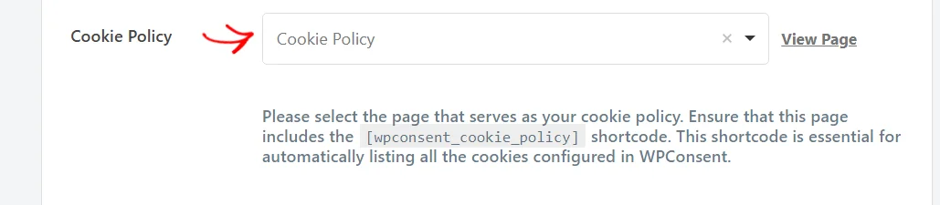 The Cookie Policy field on the WPConsent Settings page with a page already selected