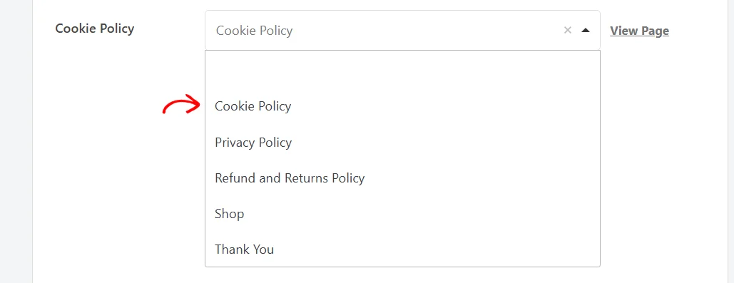The open page list showing the pages available to use as the cookie policy page