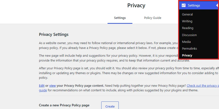 Opening the Privacy screen from the Settings menu in the WordPress sidebar