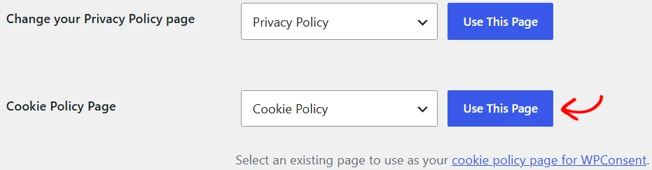 The Cookie Policy Page row that WPConsent adds to the WordPress privacy settings screen