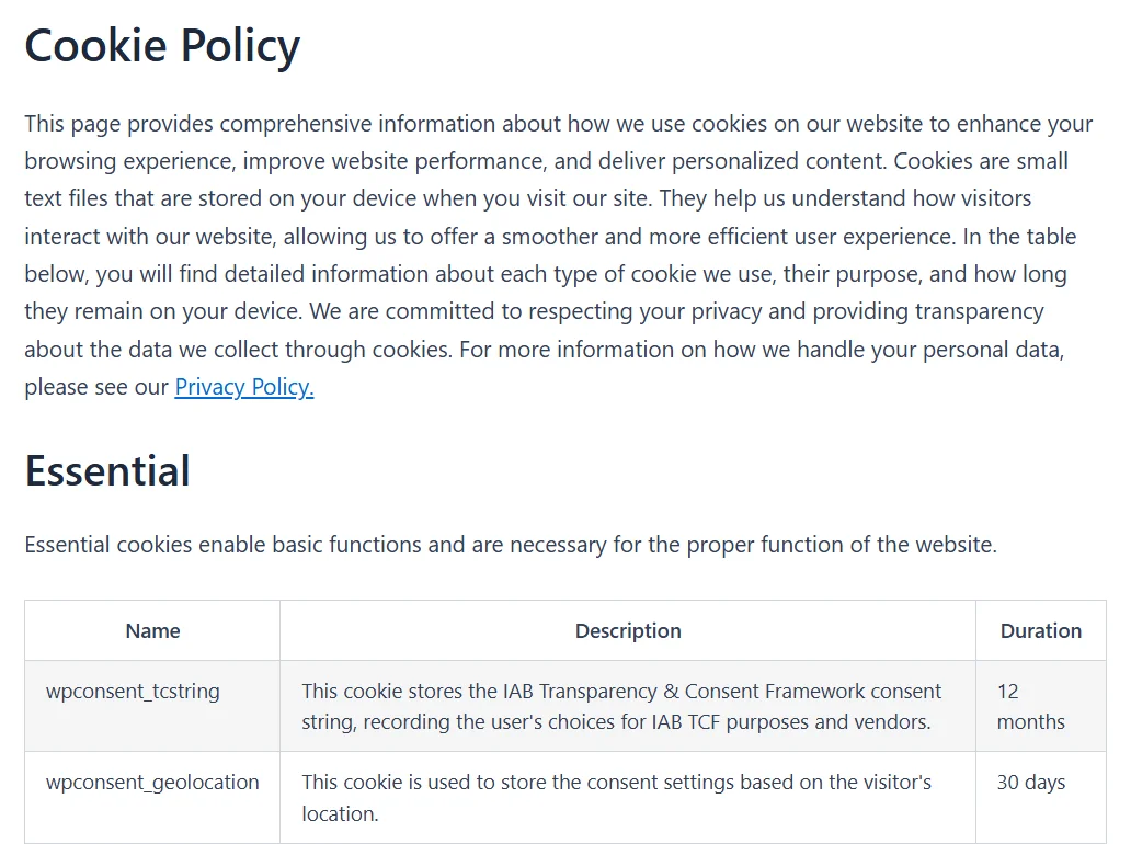 The published cookie policy page showing its introduction, the Essential category heading and description, and the top of that category's cookie table