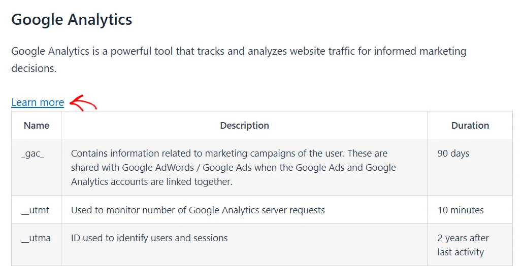 The Google Analytics service section on the cookie policy page with its description, its Learn more link, and its cookie table