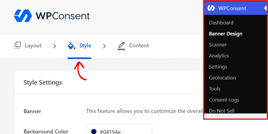 El submenú WPConsent en la barra lateral de administración de WordPress con Diseño de banner seleccionado, y una flecha apuntando a la pestaña Estilo en la página Diseño de banner