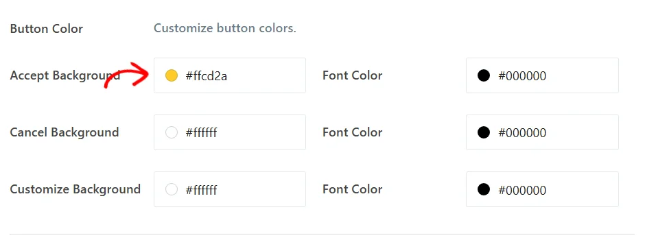 La sección Color del botón de la pestaña Estilo de WPConsent, que muestra Fondo de aceptar, Fondo de cancelar y Fondo de personalizar junto con sus campos de Color de fuente