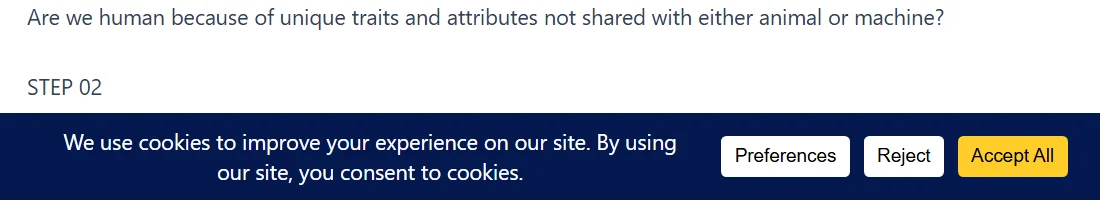 El banner de consentimiento de WPConsent en la parte inferior de un sitio web, una barra azul marino oscuro que contiene un aviso de cookies con botones blancos de Preferencias y Rechazar y un botón amarillo de Aceptar todo