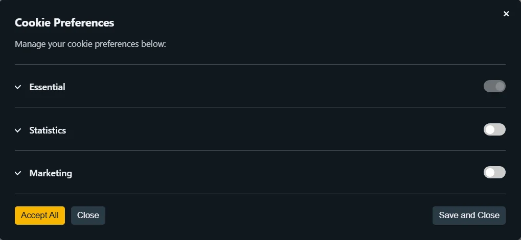 El panel de preferencias de WPConsent sobre un fondo oscuro, que enumera Esencial, Estadísticas y Marketing con un botón ámbar de Aceptar todo y botones en gris pizarra de Cerrar y Guardar y cerrar