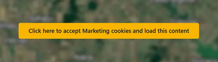 Una incrustación de mapa bloqueada en una página web, cubierta por un marcador con un botón ámbar de Haz clic aquí para aceptar las cookies de Marketing y cargar este contenido