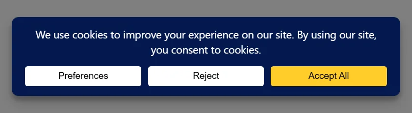El banner de consentimiento de WPConsent como una tarjeta centrada sobre una página web atenuada, un panel azul marino oscuro redondeado que contiene el texto del aviso de cookies, con botones blancos de Preferencias y Rechazar y un botón amarillo de Aceptar Todo