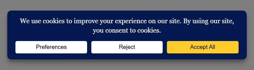 La misma tarjeta de consentimiento de WPConsent después de añadir la regla del contenedor, con el texto del aviso de cookies ahora establecido en una tipografía serif mientras que los tres botones permanecen en la fuente de botones propia del navegador