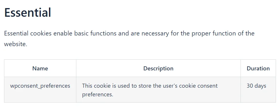 Una sección de página de política de cookies titulada Esencial, con una descripción y una tabla de tres columnas titulada Nombre, Descripción y Duración que enumera la cookie wpconsent_preferences