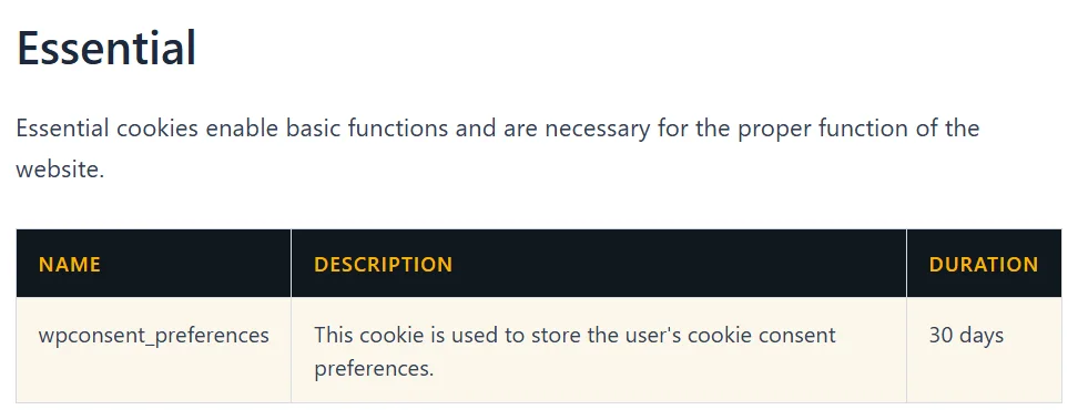 La misma tabla de política de cookies después de agregar la regla, con una fila de encabezado oscura en letras ámbar en mayúsculas, bordes de celda más claros y una franja crema en filas alternas