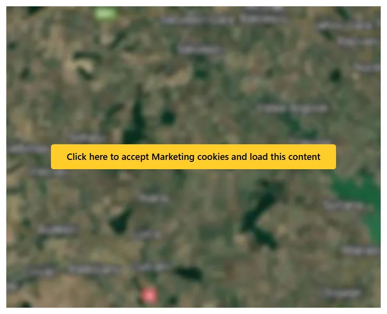 Un mapa incrustado bloqueado en una página web, que se muestra como un marcador de esquina cuadrada con una miniatura del mapa y un botón amarillo que dice Haz clic aquí para aceptar las cookies de Marketing y cargar este contenido