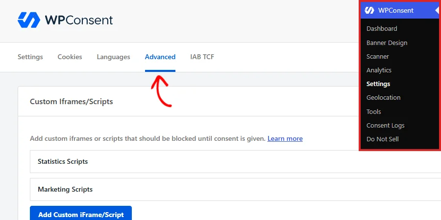 Die WordPress-Admin-Seitenleiste mit ausgewählten Einstellungen unter WPConsent und einem Pfeil, der auf die Registerkarte „Erweitert“ zeigt