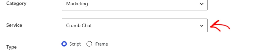 Das Dropdown-Menü "Dienst" ist auf einen Servicenamen eingestellt, mit einem Pfeil, der darauf zeigt