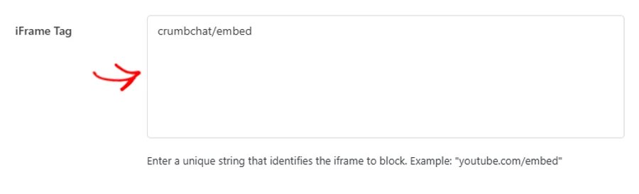 Das Feld "Iframe-Tag" ist mit einem Teil einer Einbettungsadresse gefüllt, und ein Pfeil zeigt darauf