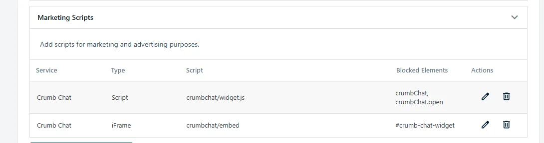 Die Gruppe "Marketing-Skripte" ist geöffnet und zeigt zwei Regeln mit ihrem Dienst, Typ, Skript und blockierten Elementen