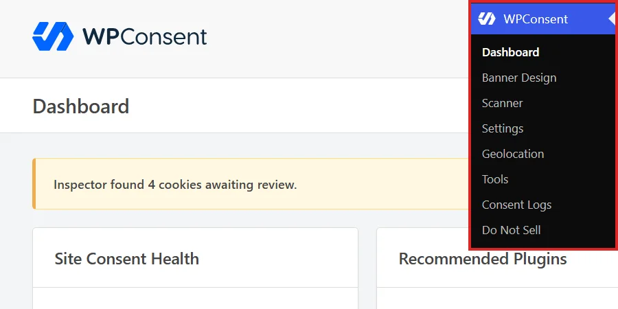 The WPConsent admin submenu with Dashboard selected, over the top of the dashboard page