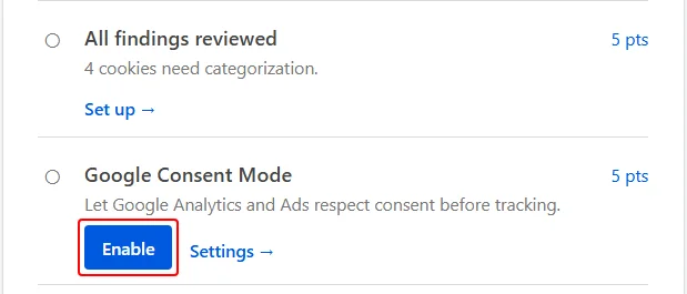 A red box around the Enable button on the Google Consent Mode row of the checklist