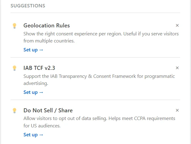 The Suggestions list offering Geolocation Rules, IAB TCF v2.3, and Do Not Sell / Share, each with a Set up link and a dismiss control