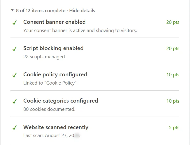 The expanded list of completed score items, each with a green check, its point value, and a line reporting its current state