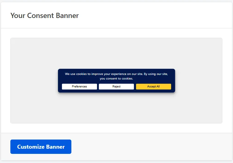 The Your Consent Banner panel showing a live preview of the consent banner above a Customize Banner button