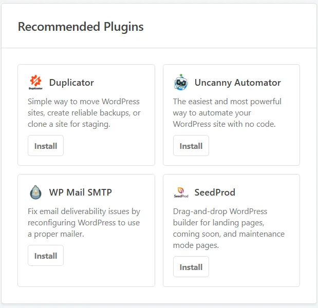 The Recommended Plugins panel listing four plugins in a grid, each with a description and an Install button