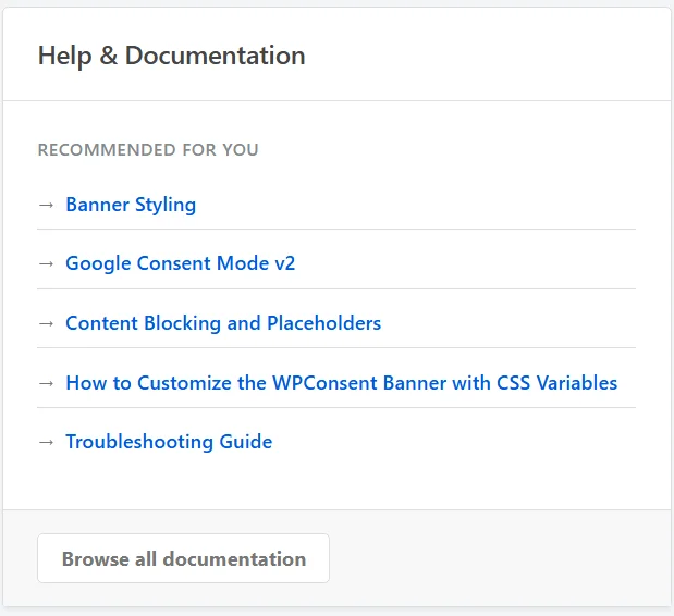 The Help & Documentation panel with five recommended articles above a Browse all documentation button