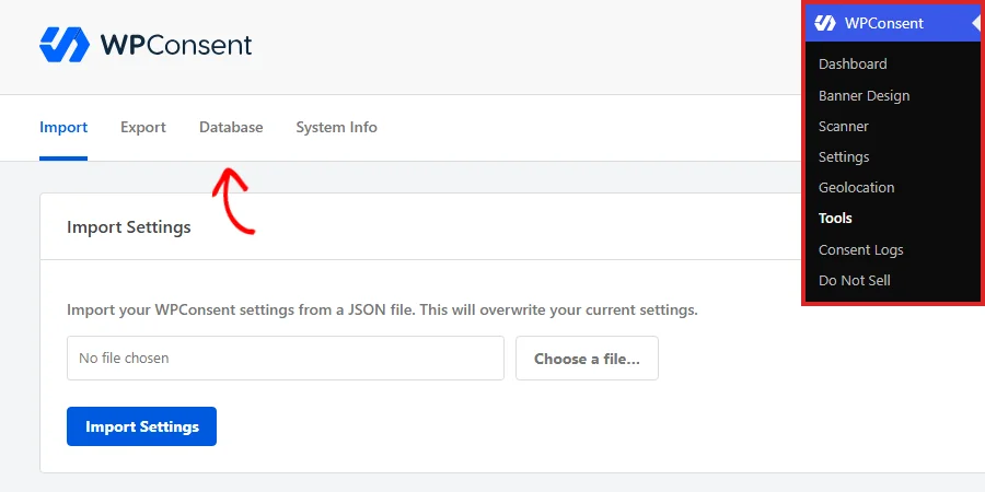 The WordPress admin sidebar with Tools selected under the WPConsent menu, and an arrow pointing at the Database tab in the Tools tab row
