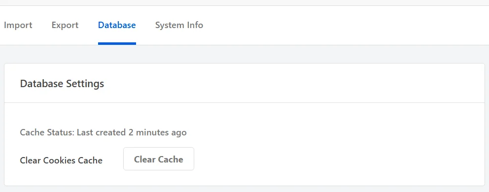 The Database tab of WPConsent Tools showing the Database Settings panel, with a Cache Status line reporting how long ago the cache was created, above the Clear Cookies Cache row
