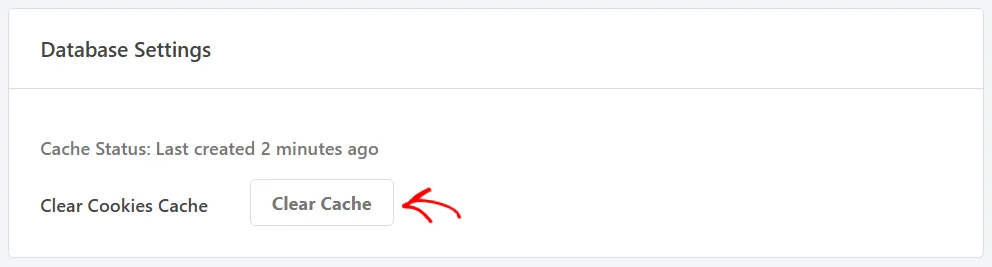 An arrow pointing at the Clear Cache button in the Clear Cookies Cache row of the Database Settings panel