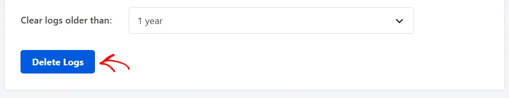 An arrow pointing at the Delete Logs button below the period dropdown in the Clear Consent Logs panel